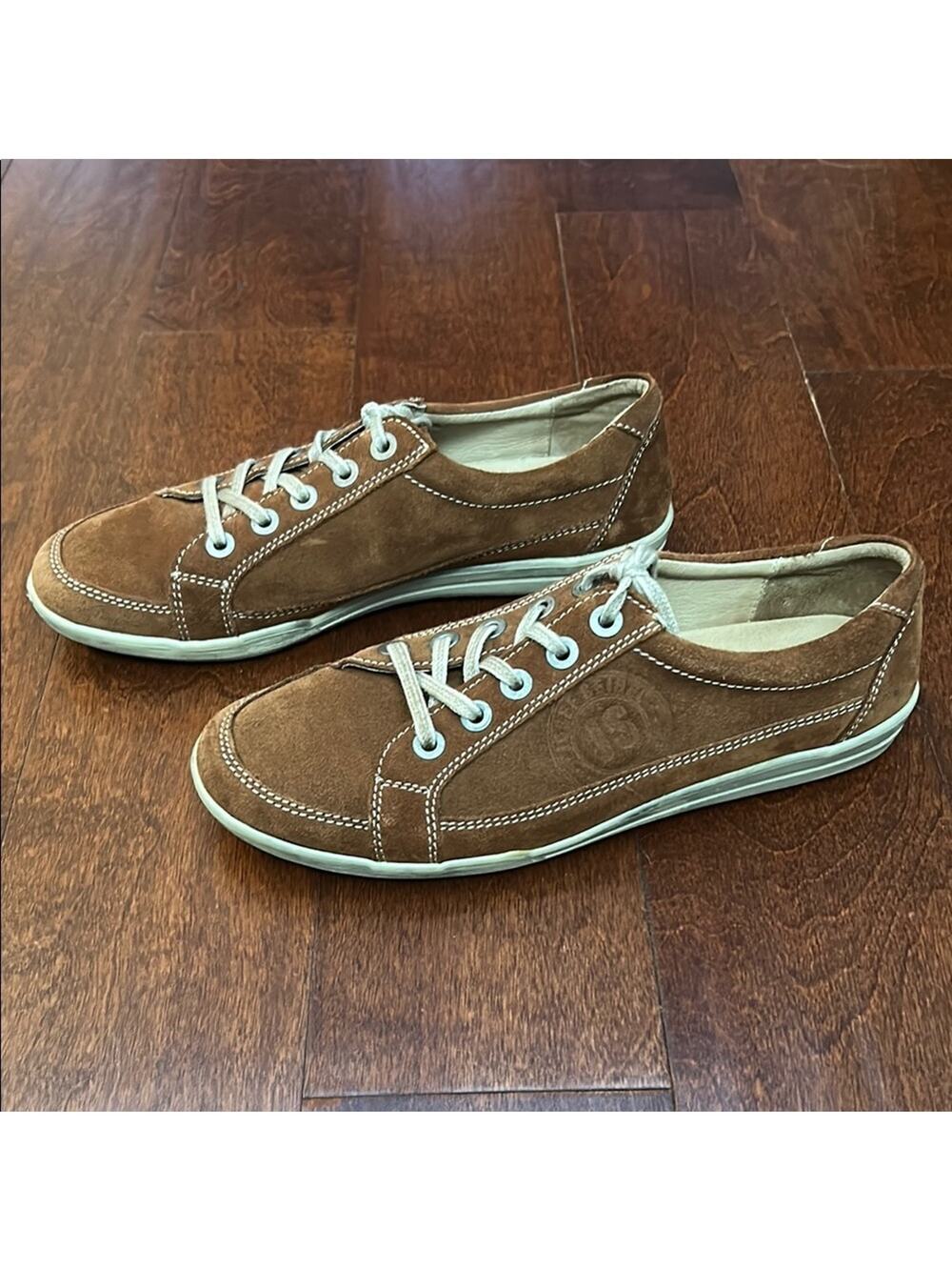 Josef Seibel Cognac Brown Suede Sneakers, Classic Lace-Up Design, Size 8 - Picture 1 of 16